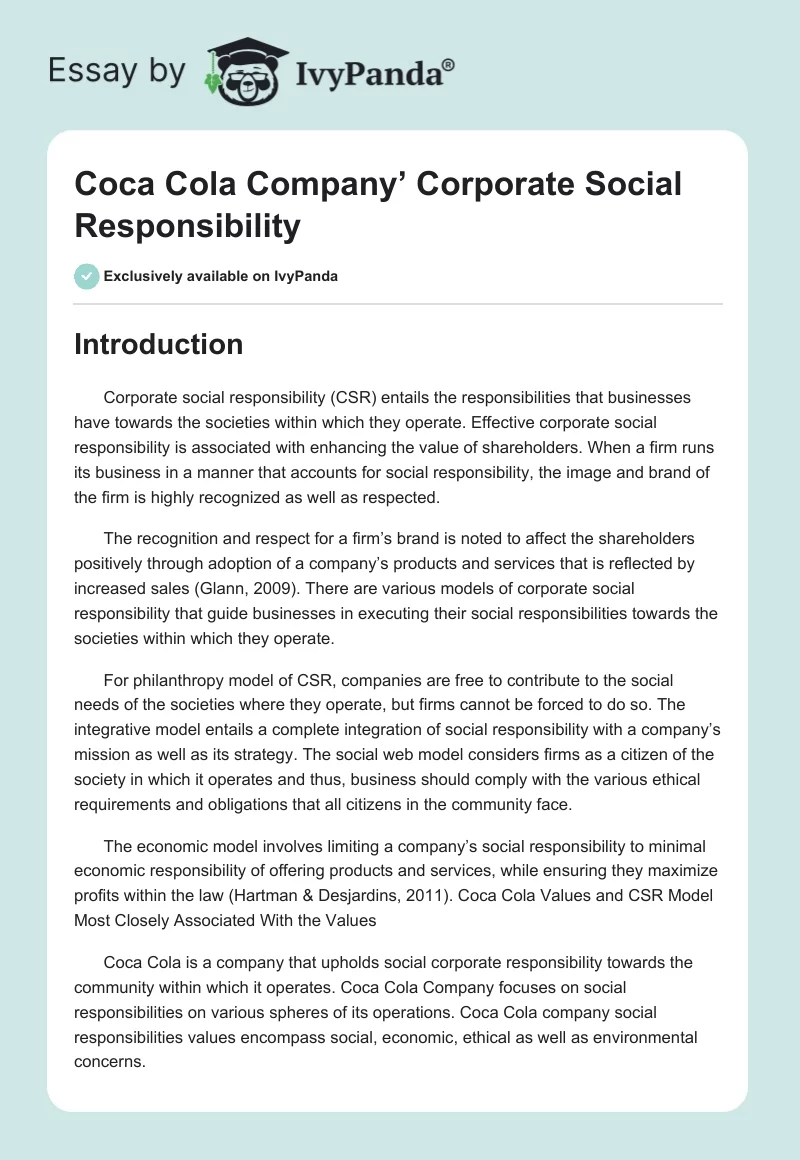 Coca Cola Company’ Corporate Social Responsibility. Page 1