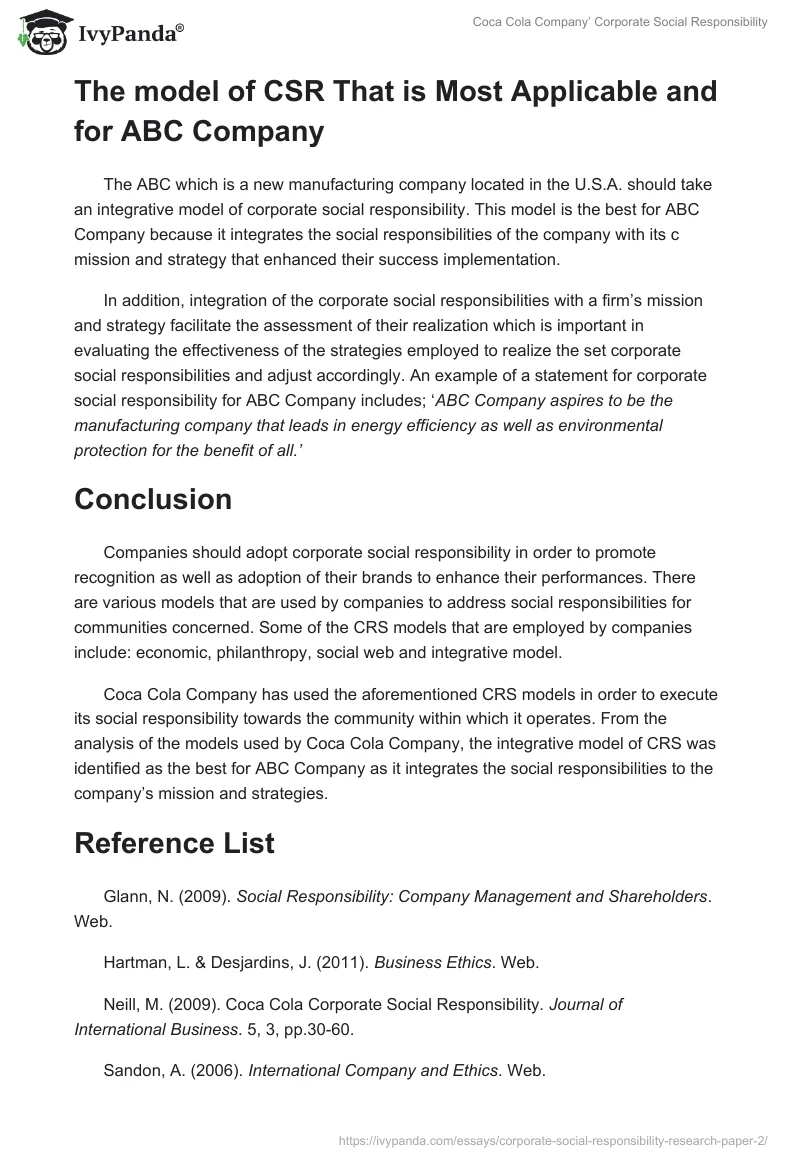 Coca Cola Company’ Corporate Social Responsibility. Page 5