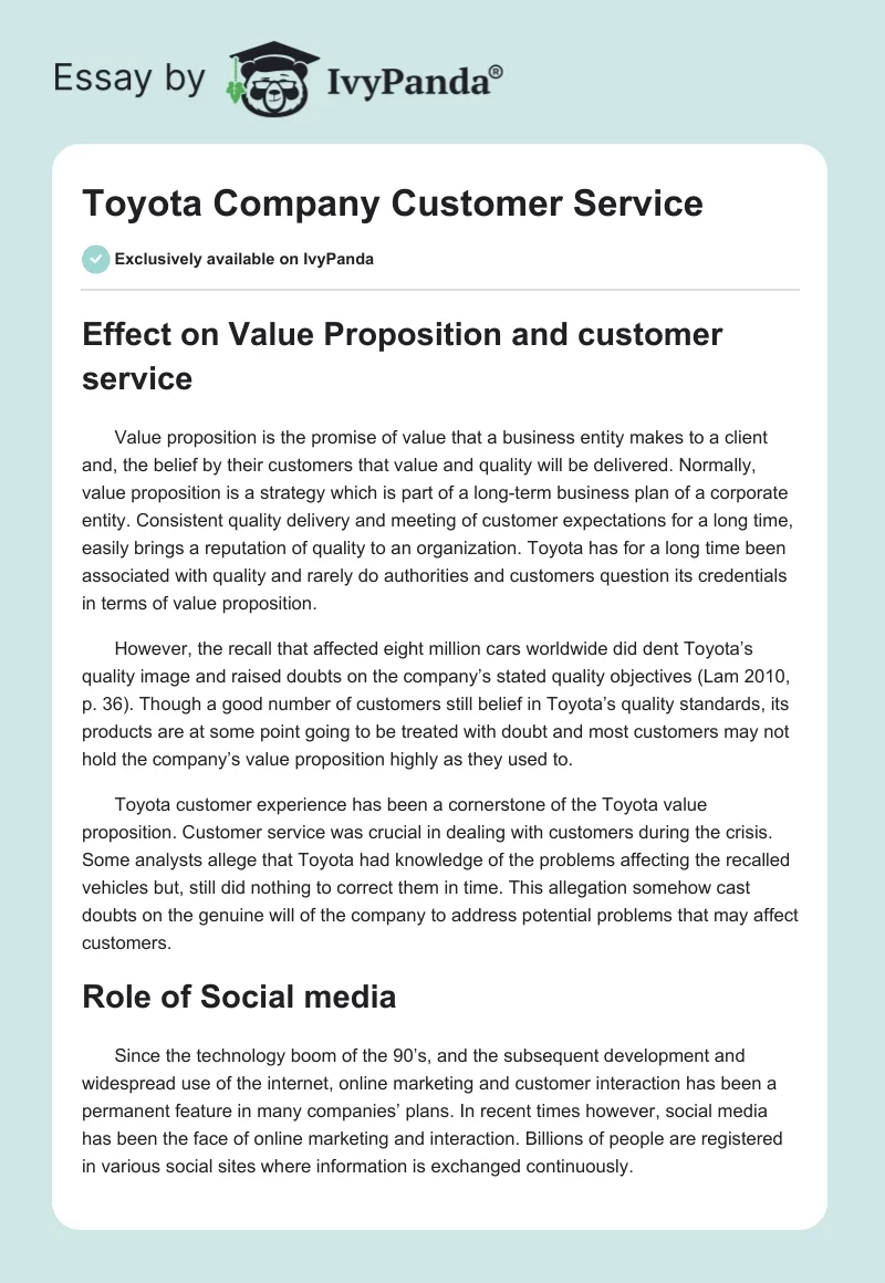 Toyota Company Customer Service. Page 1