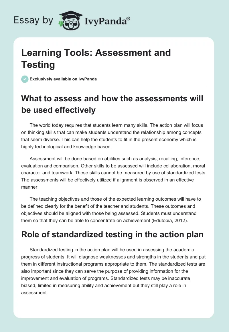 Learning Tools: Assessment and Testing. Page 1