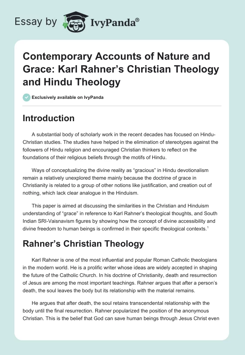 Contemporary Accounts of Nature and Grace: Karl Rahner’s Christian Theology and Hindu Theology. Page 1