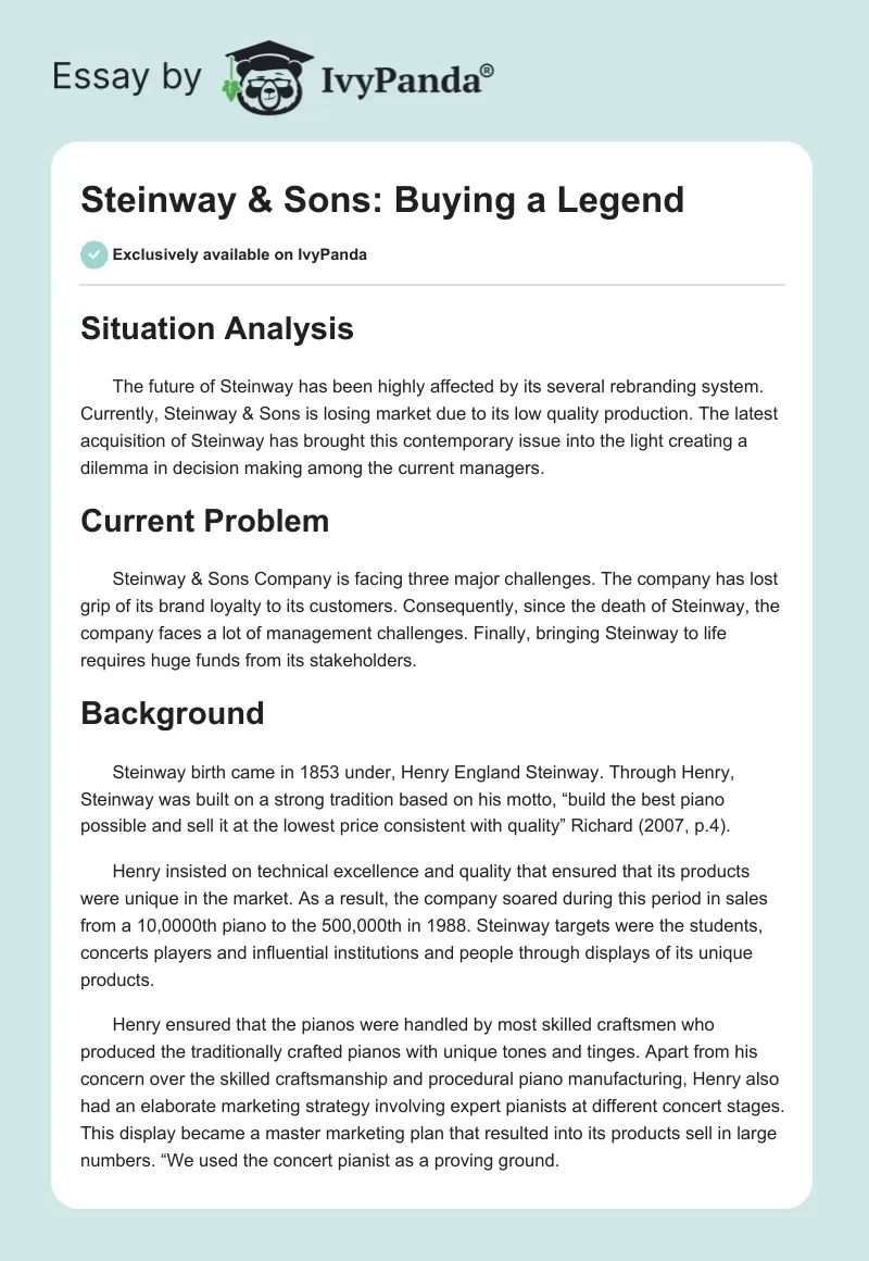 Steinway & Sons: Buying a Legend. Page 1