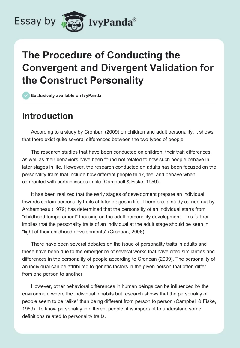 The Procedure of Conducting the Convergent and Divergent Validation for the Construct Personality. Page 1