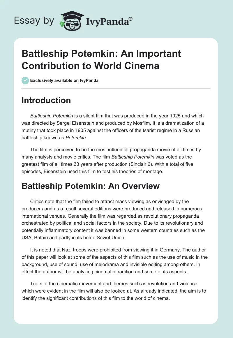Battleship Potemkin: An Important Contribution to World Cinema. Page 1