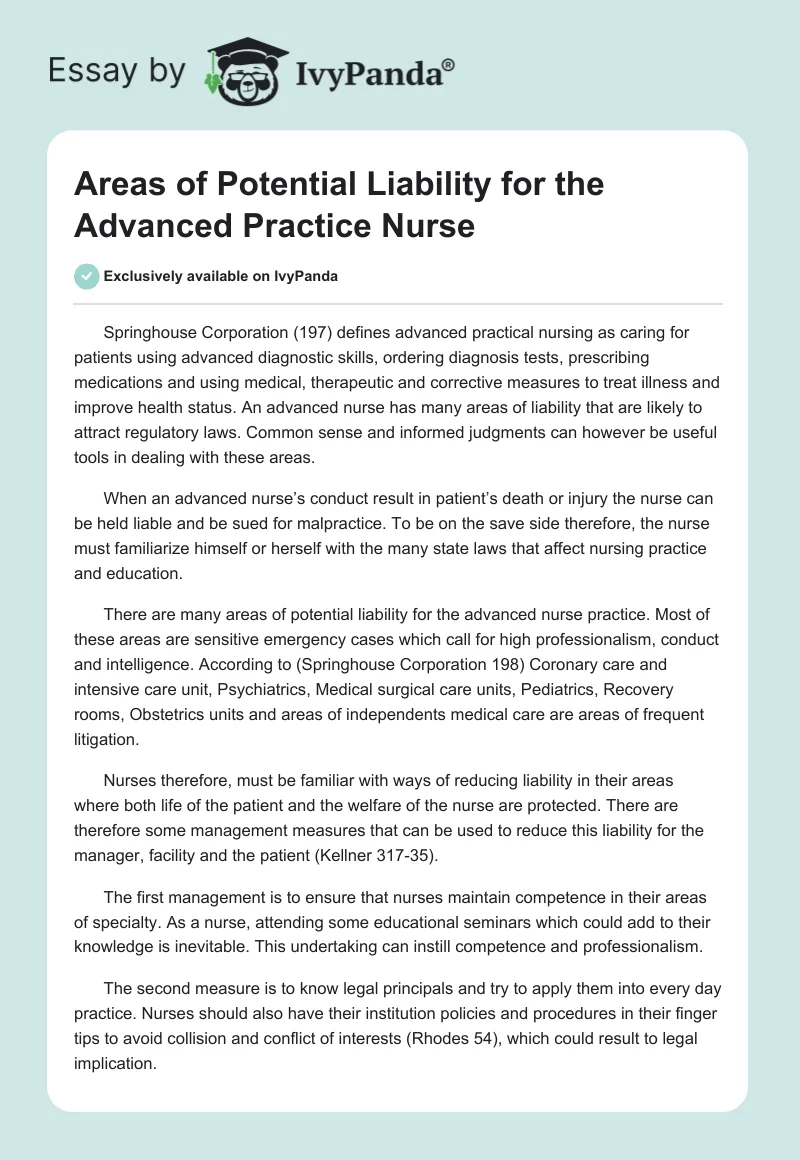 Areas of Potential Liability for the Advanced Practice Nurse. Page 1