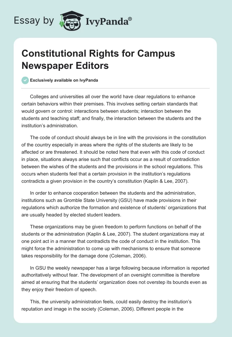 Constitutional Rights for Campus Newspaper Editors. Page 1
