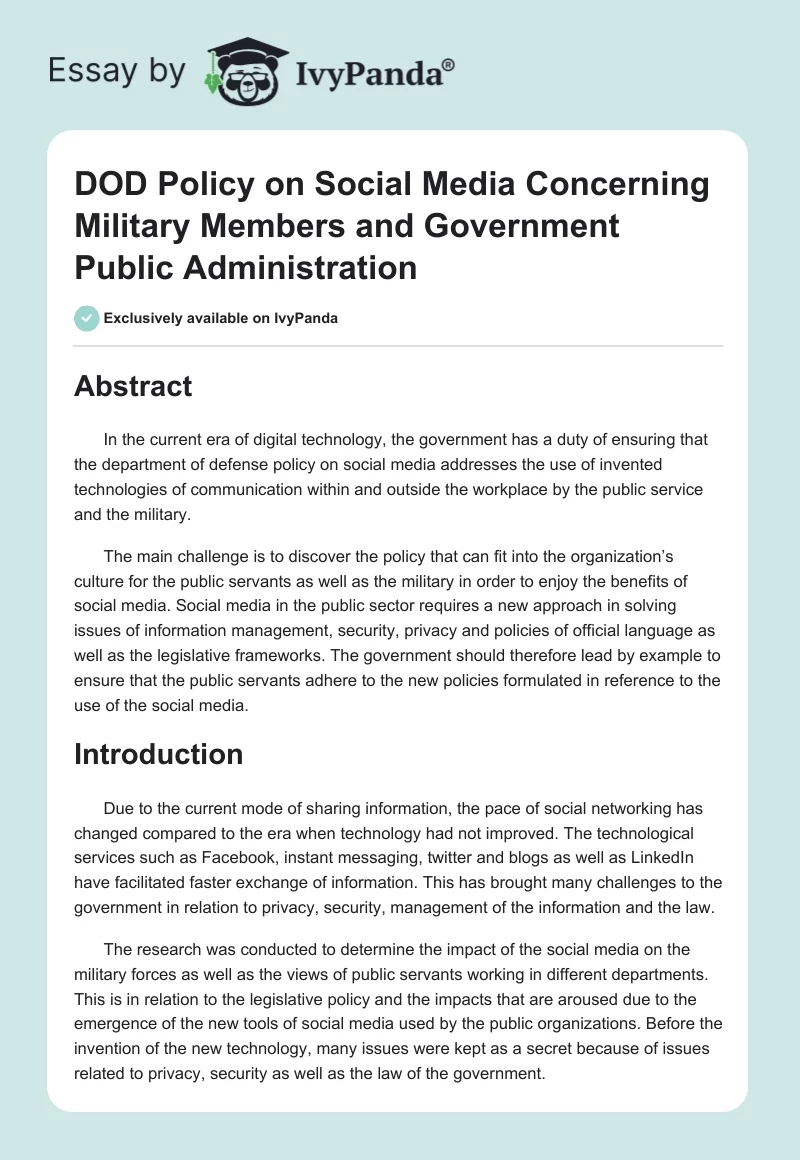DOD Policy on Social Media Concerning Military Members and Government Public Administration. Page 1