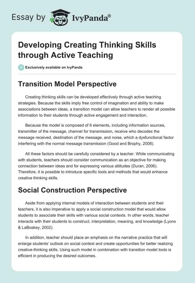 Developing Creating Thinking Skills through Active Teaching. Page 1