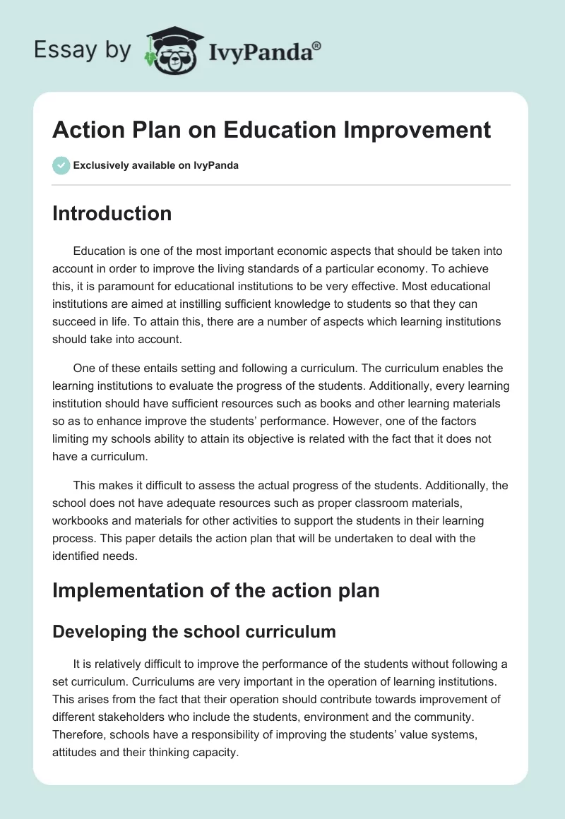Action Plan on Education Improvement. Page 1