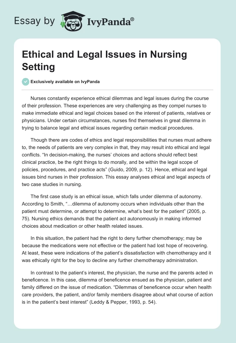 Ethical and Legal Issues in Nursing Setting. Page 1