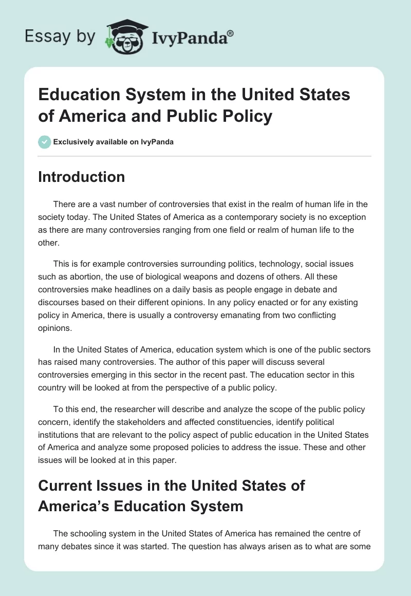 Education System in the United States of America and Public Policy. Page 1