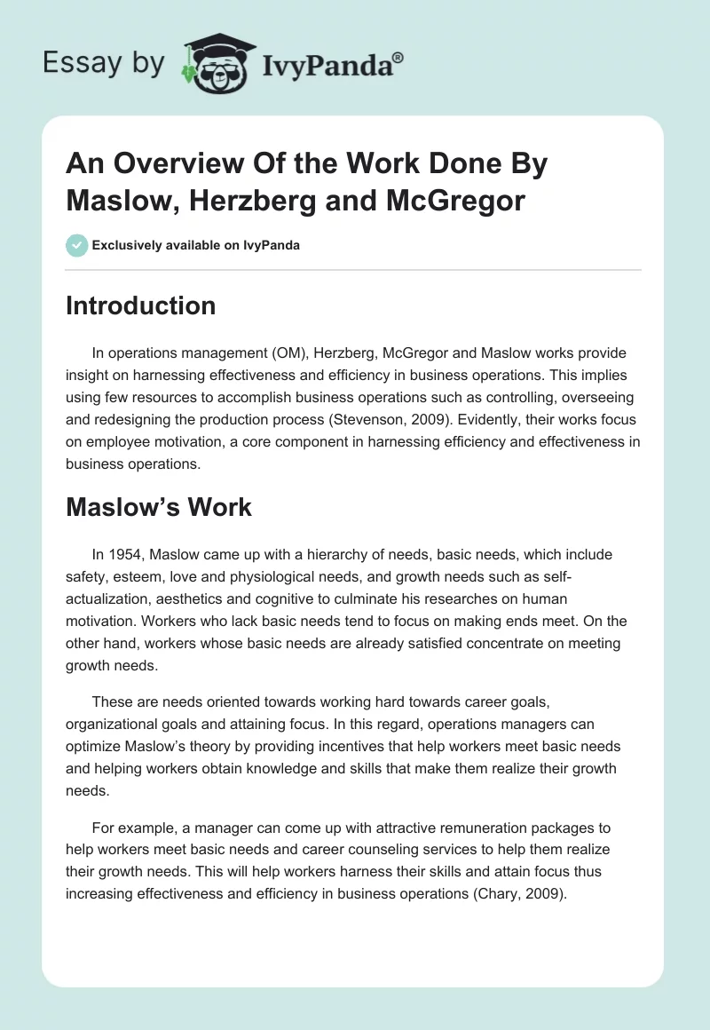 An Overview of the Work Done by Maslow, Herzberg, and McGregor. Page 1