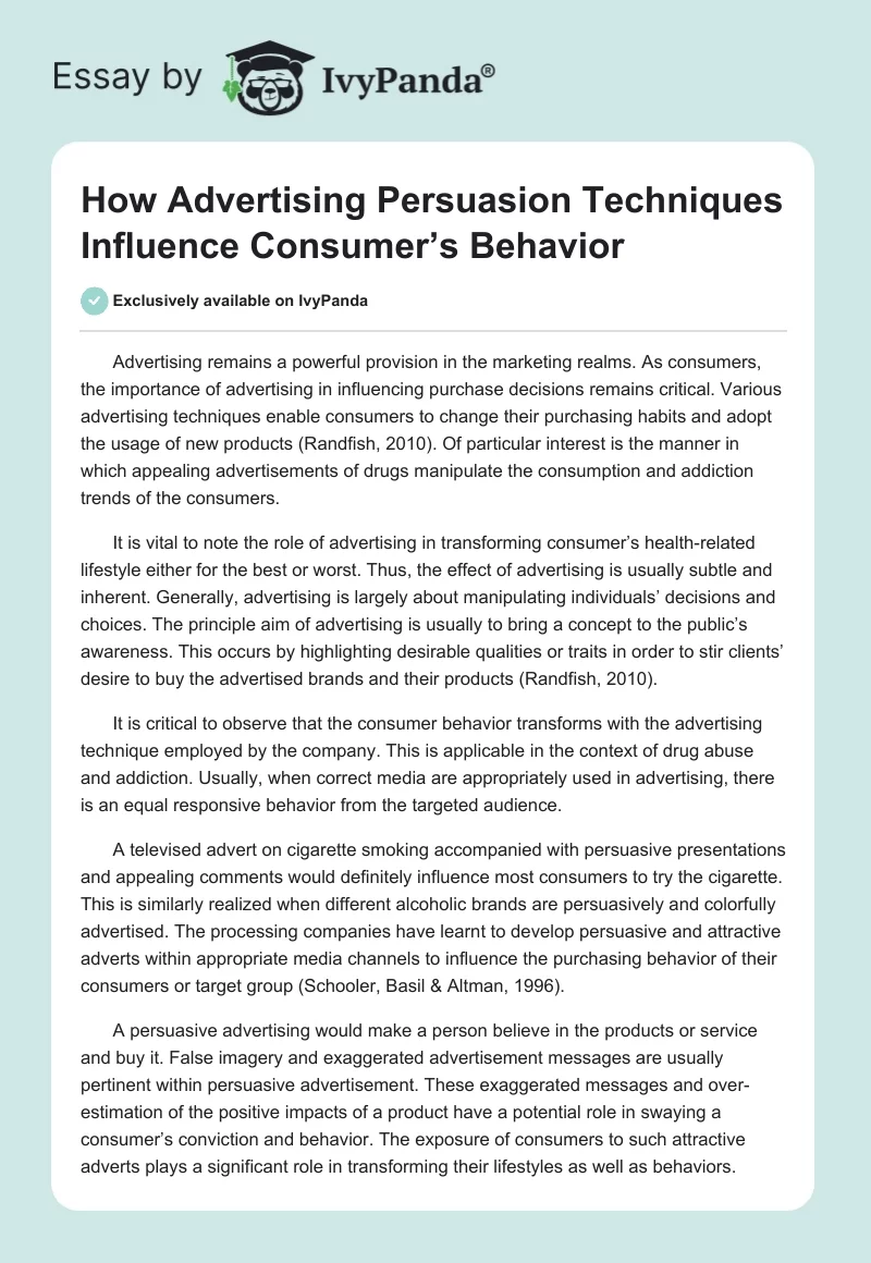 How Advertising Persuasion Techniques Influence Consumer’s Behavior. Page 1