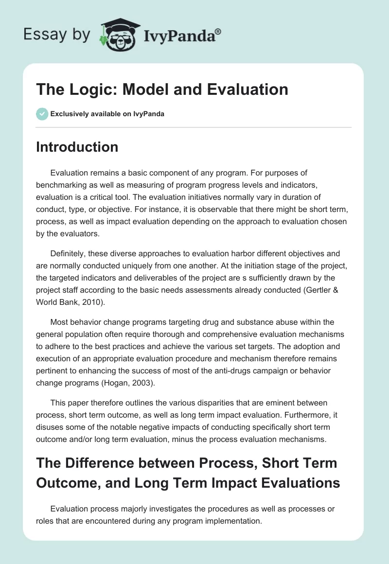 The Logic: Model and Evaluation - 1179 Words | Research Paper Example