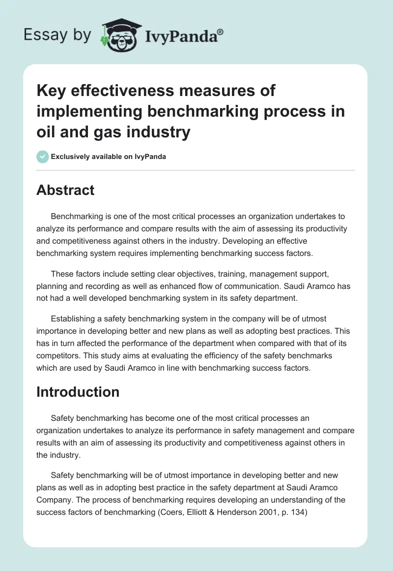 Key effectiveness measures of implementing benchmarking process in oil and gas industry. Page 1