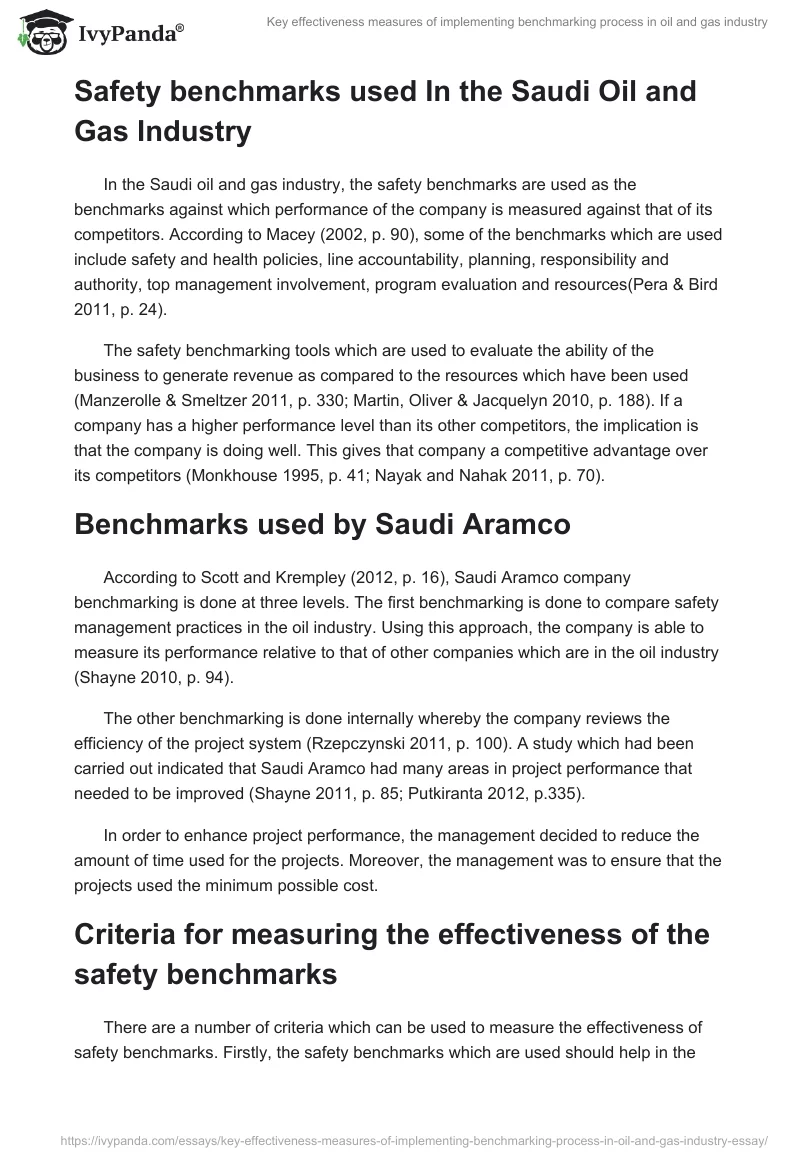 Key effectiveness measures of implementing benchmarking process in oil and gas industry. Page 4