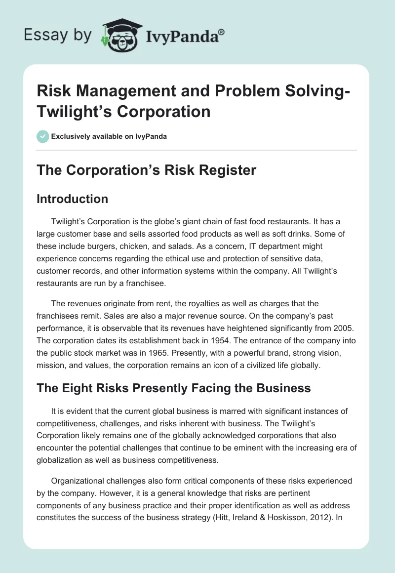 Risk Management and Problem Solving-Twilight’s Corporation. Page 1