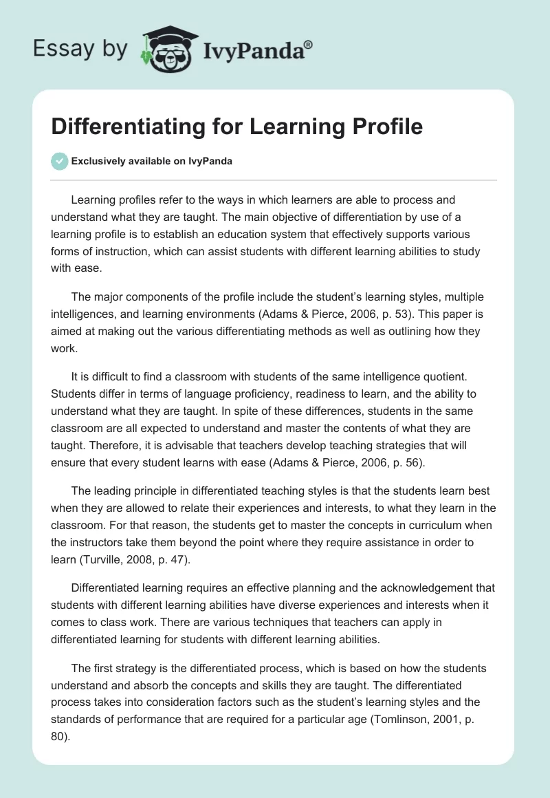Differentiating for Learning Profile. Page 1