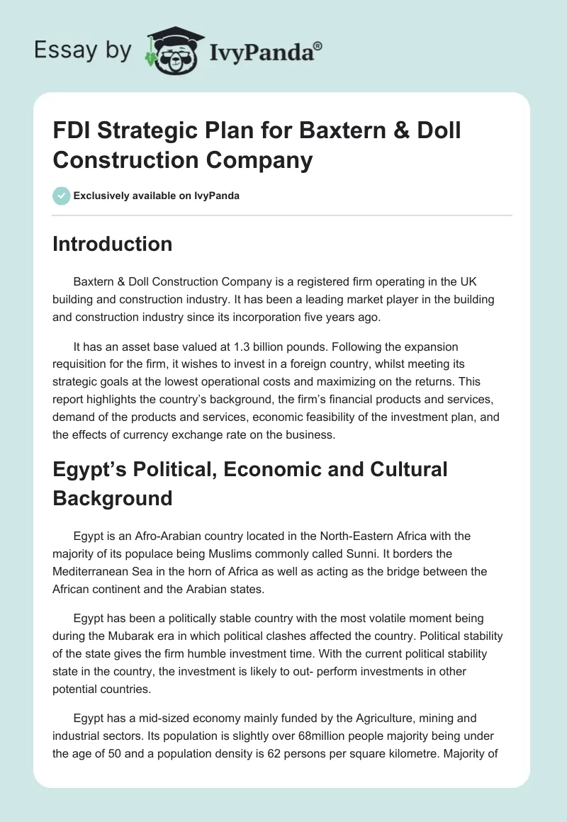 FDI Strategic Plan for Baxtern & Doll Construction Company. Page 1