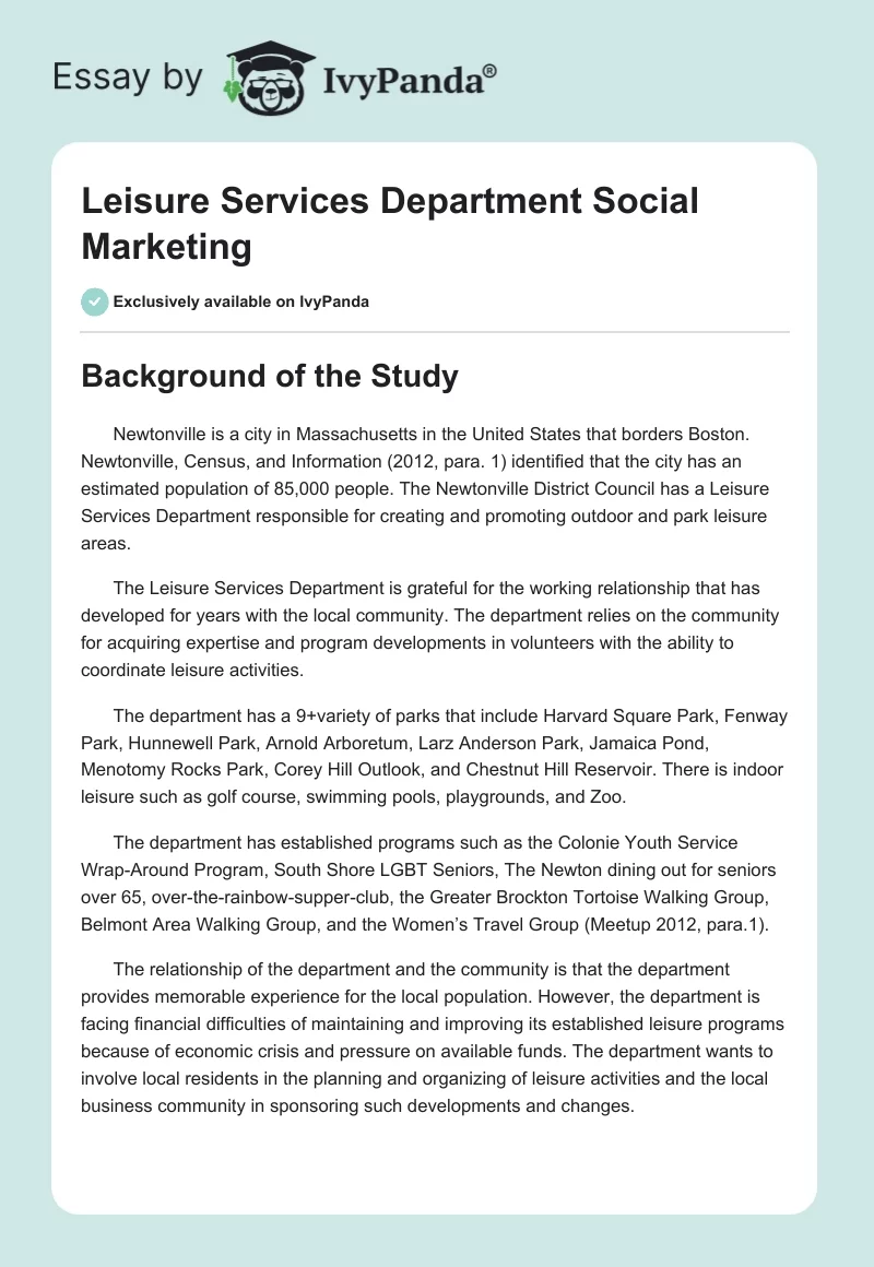 Leisure Services Department Social Marketing. Page 1