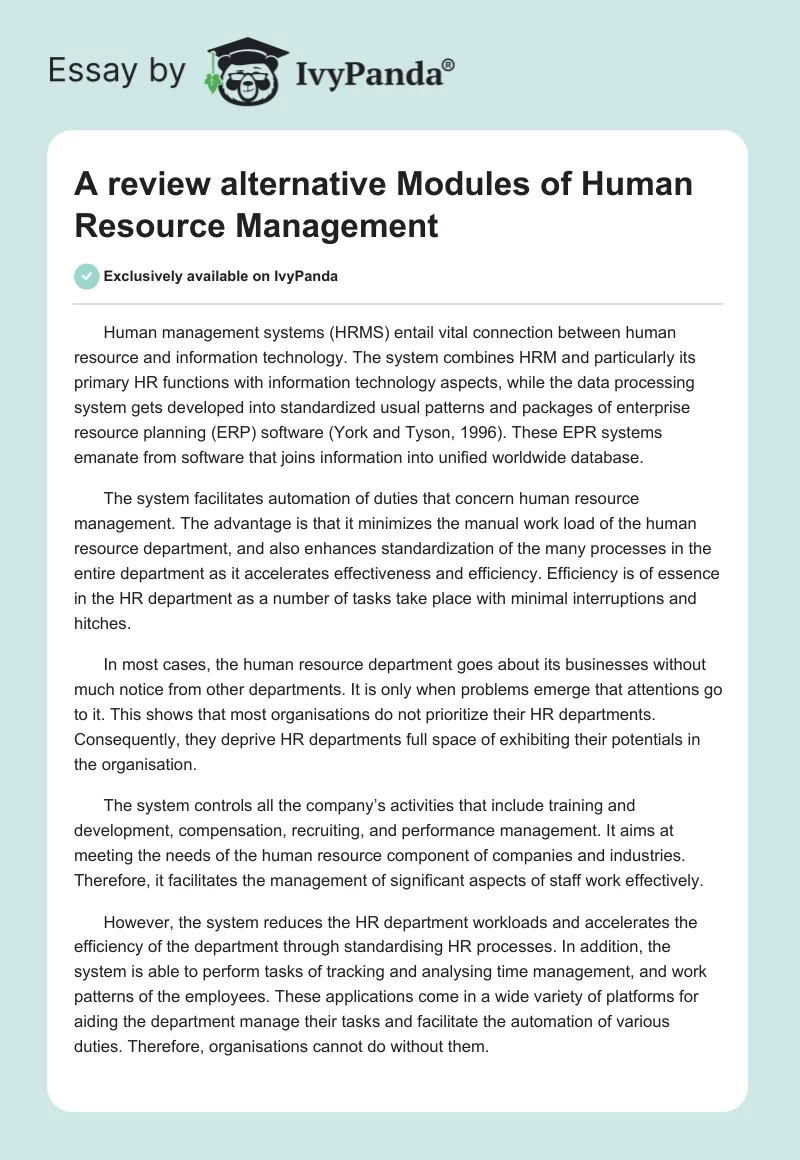 A review alternative Modules of Human Resource Management. Page 1