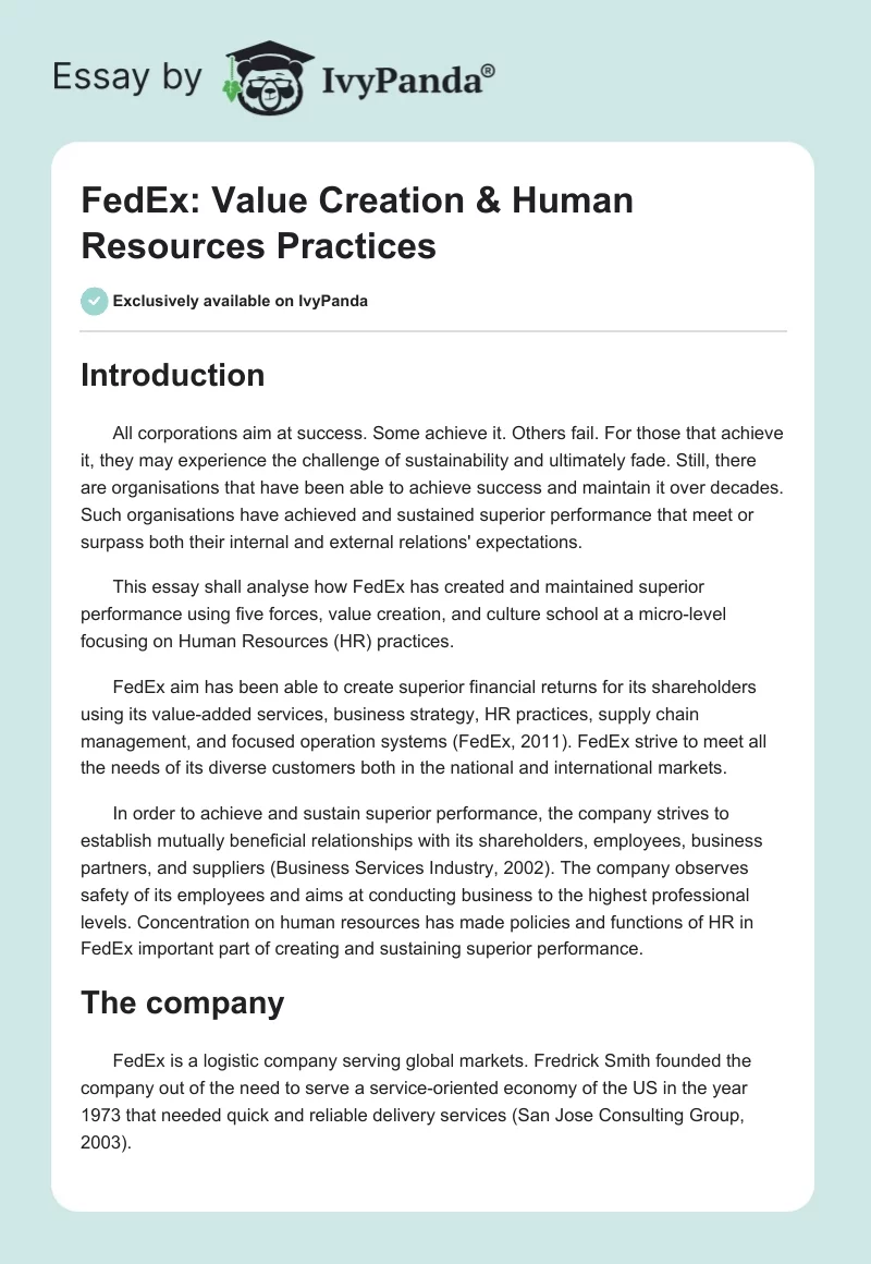 FedEx: Value Creation & Human Resources Practices. Page 1