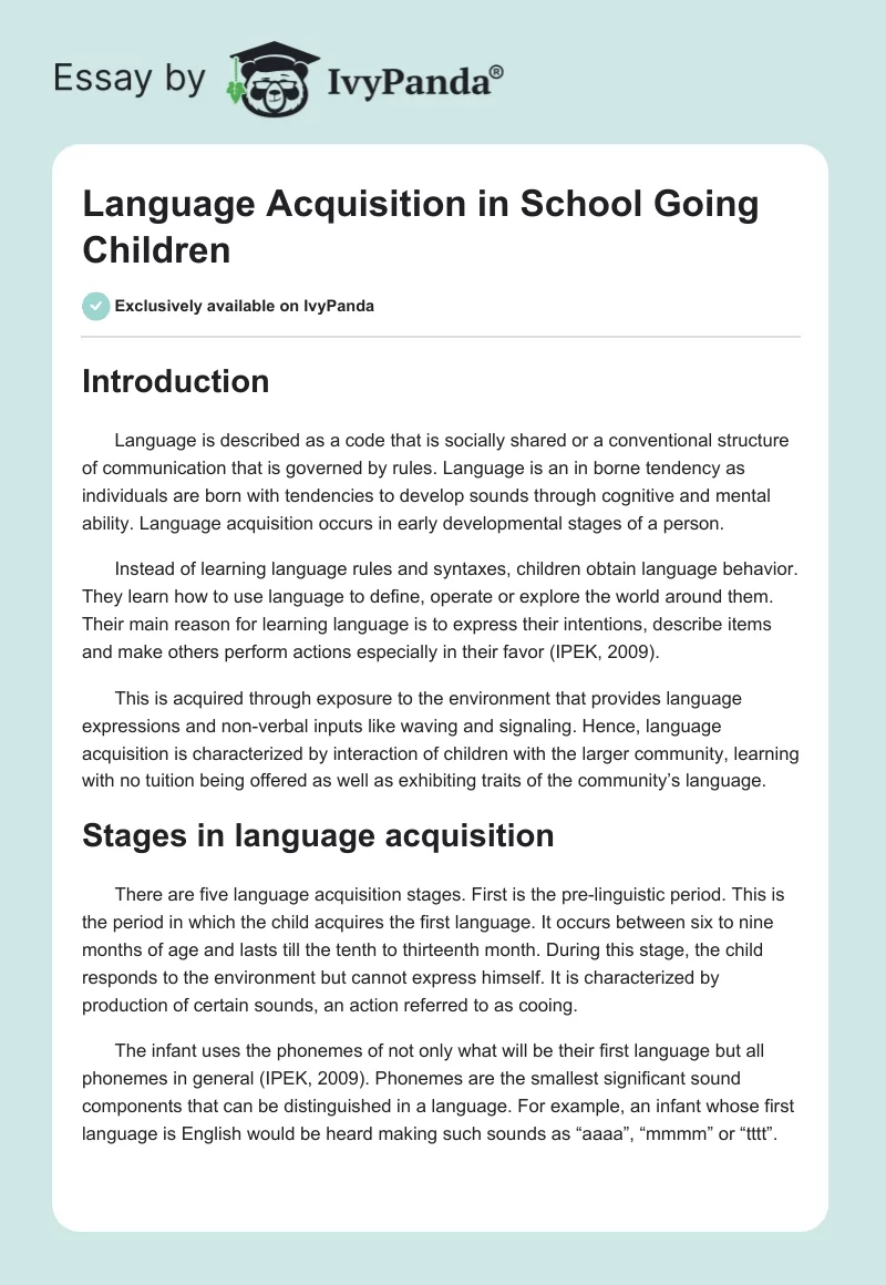 Language Acquisition in School Going Children. Page 1