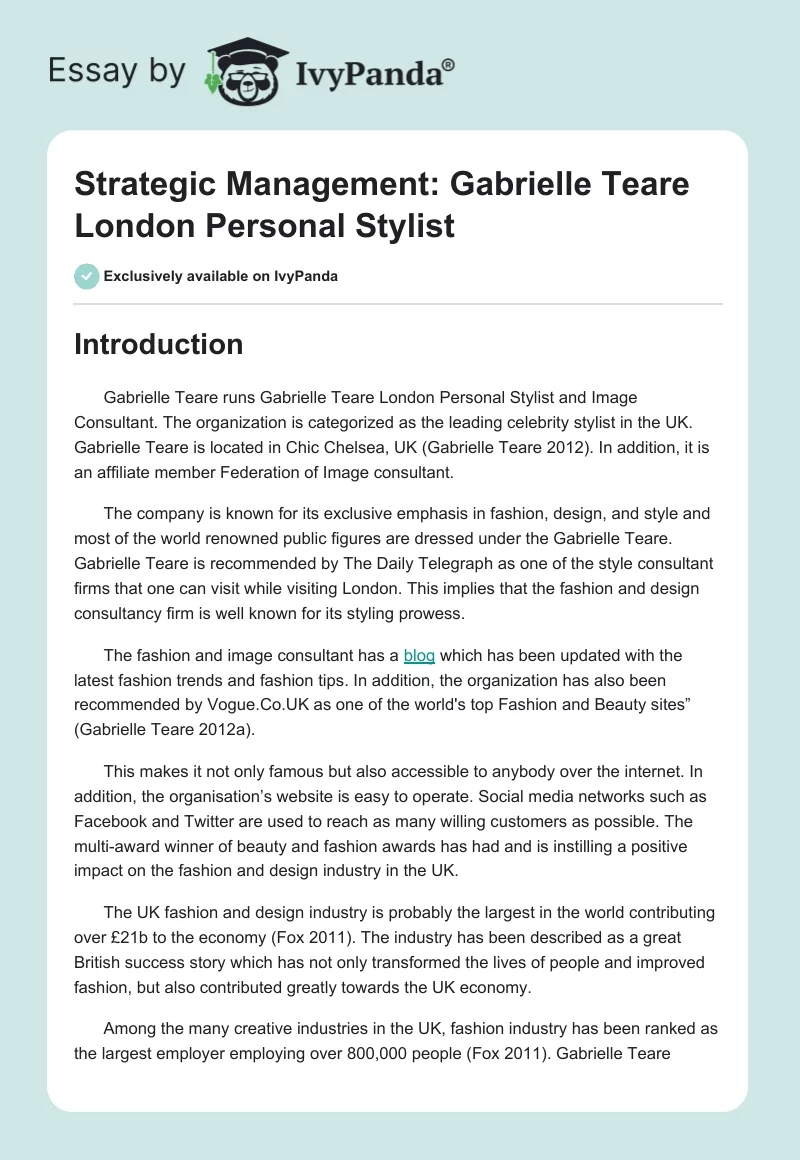 Strategic Management: Gabrielle Teare London Personal Stylist. Page 1