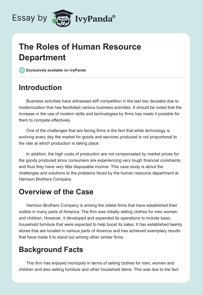 The Roles of Human Resource Department. Page 1