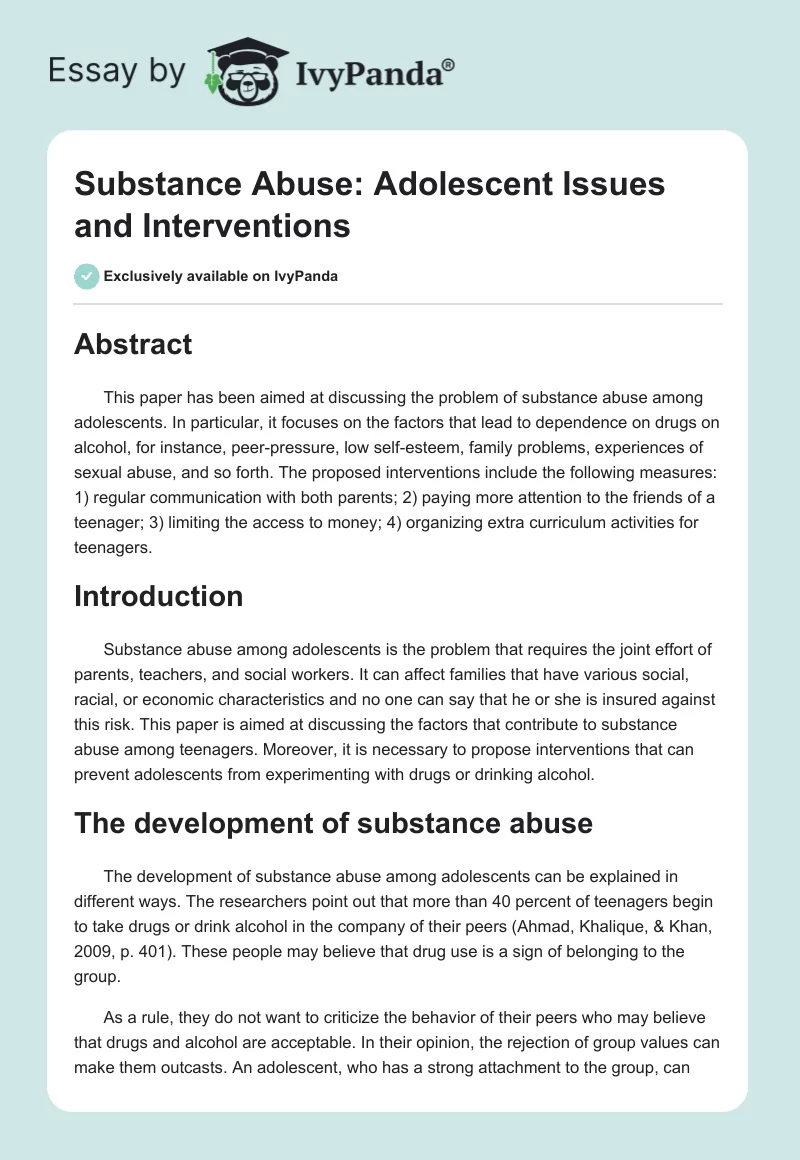 Substance Abuse: Adolescent Issues and Interventions. Page 1