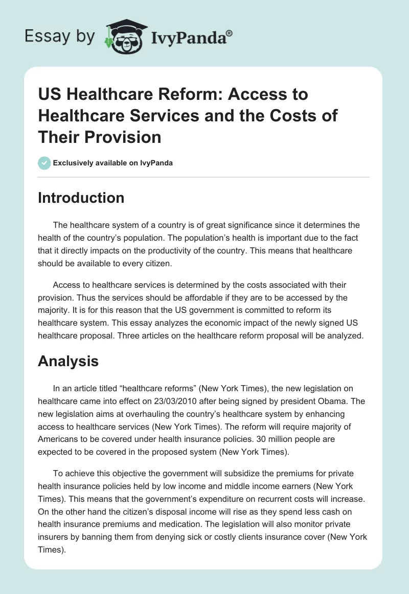 US Healthcare Reform: Access to Healthcare Services and the Costs of Their Provision. Page 1