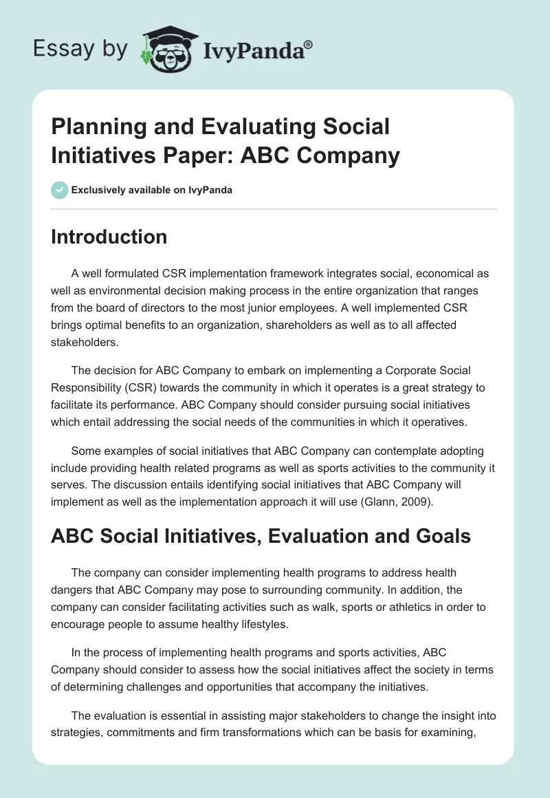 Planning and Evaluating Social Initiatives Paper: ABC Company. Page 1