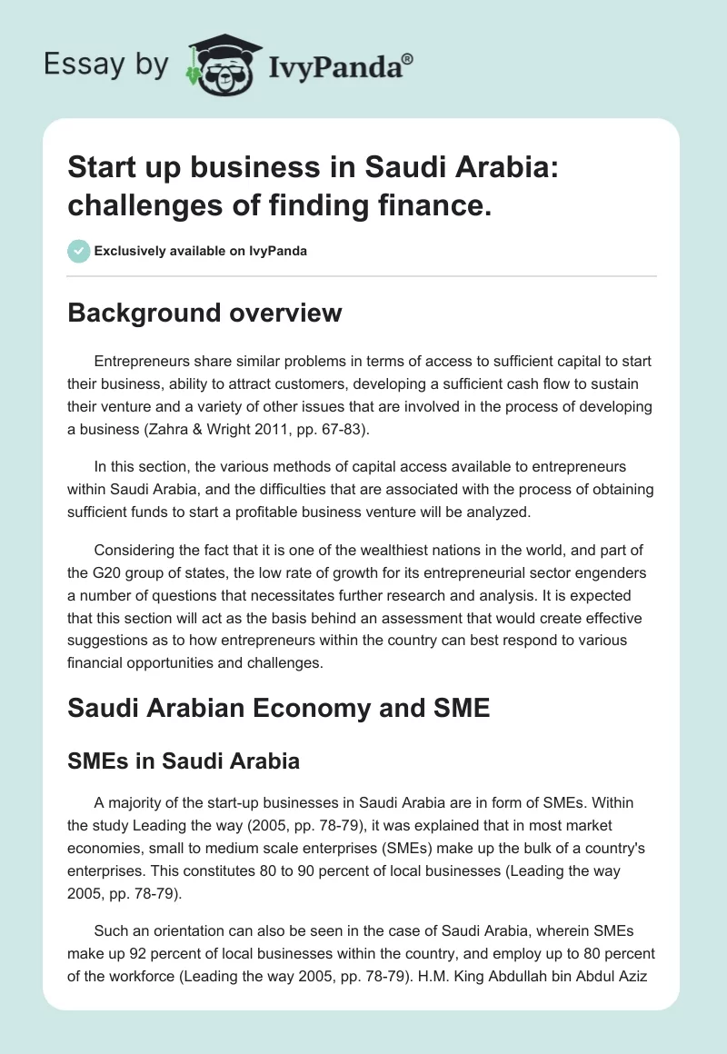 Start up Business in Saudi Arabia: Challenges of Finding Finance.. Page 1