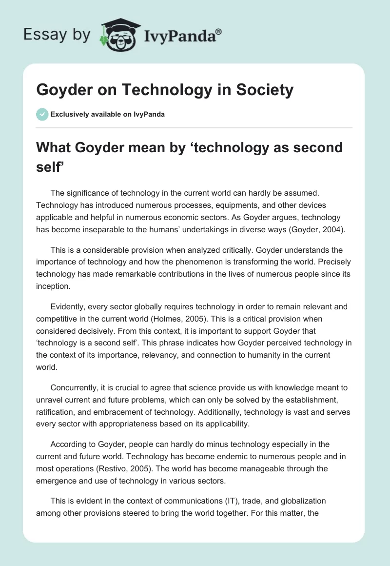 Goyder on Technology in Society. Page 1
