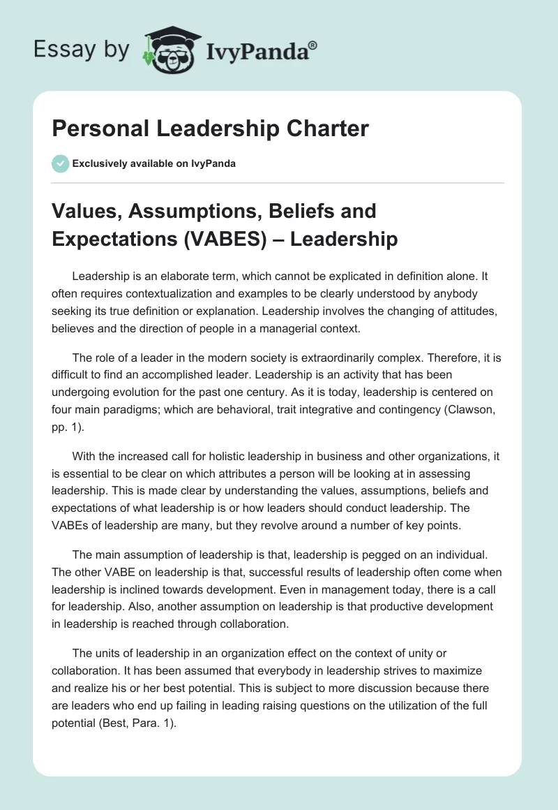 Personal Leadership Charter. Page 1