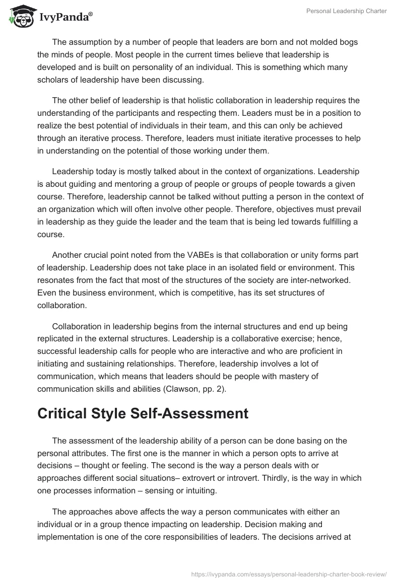 Personal Leadership Charter. Page 2