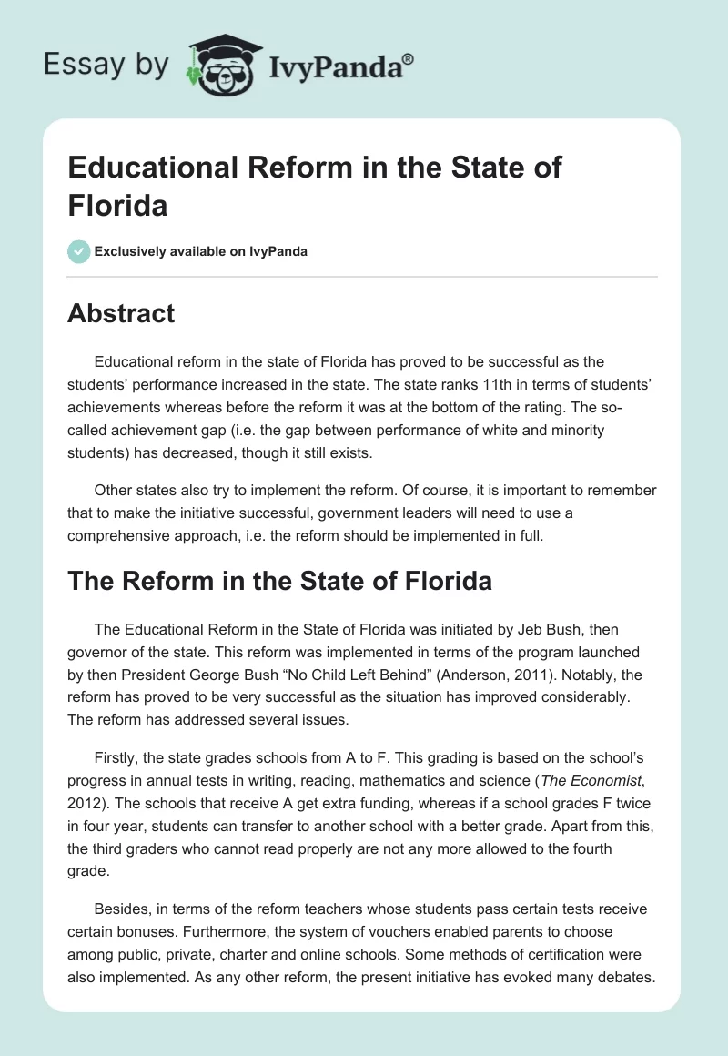 Educational Reform in the State of Florida. Page 1