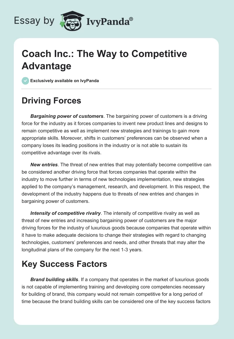 Coach Inc.: The Way to Competitive Advantage. Page 1