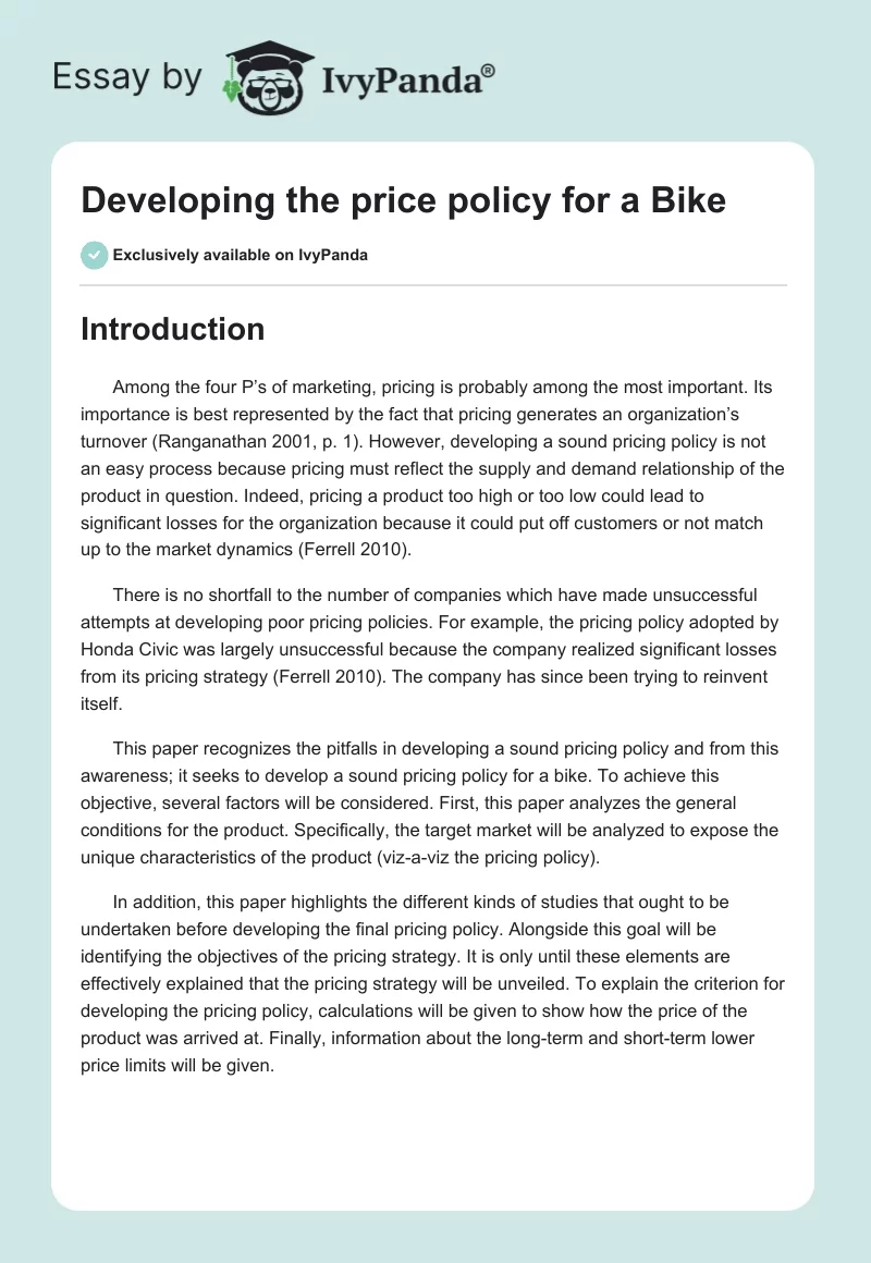 Developing the price policy for a Bike. Page 1