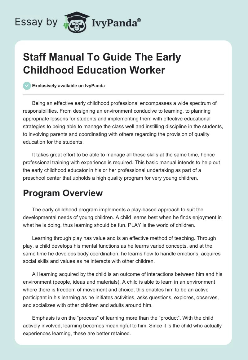 Staff Manual to Guide the Early Childhood Education Worker. Page 1