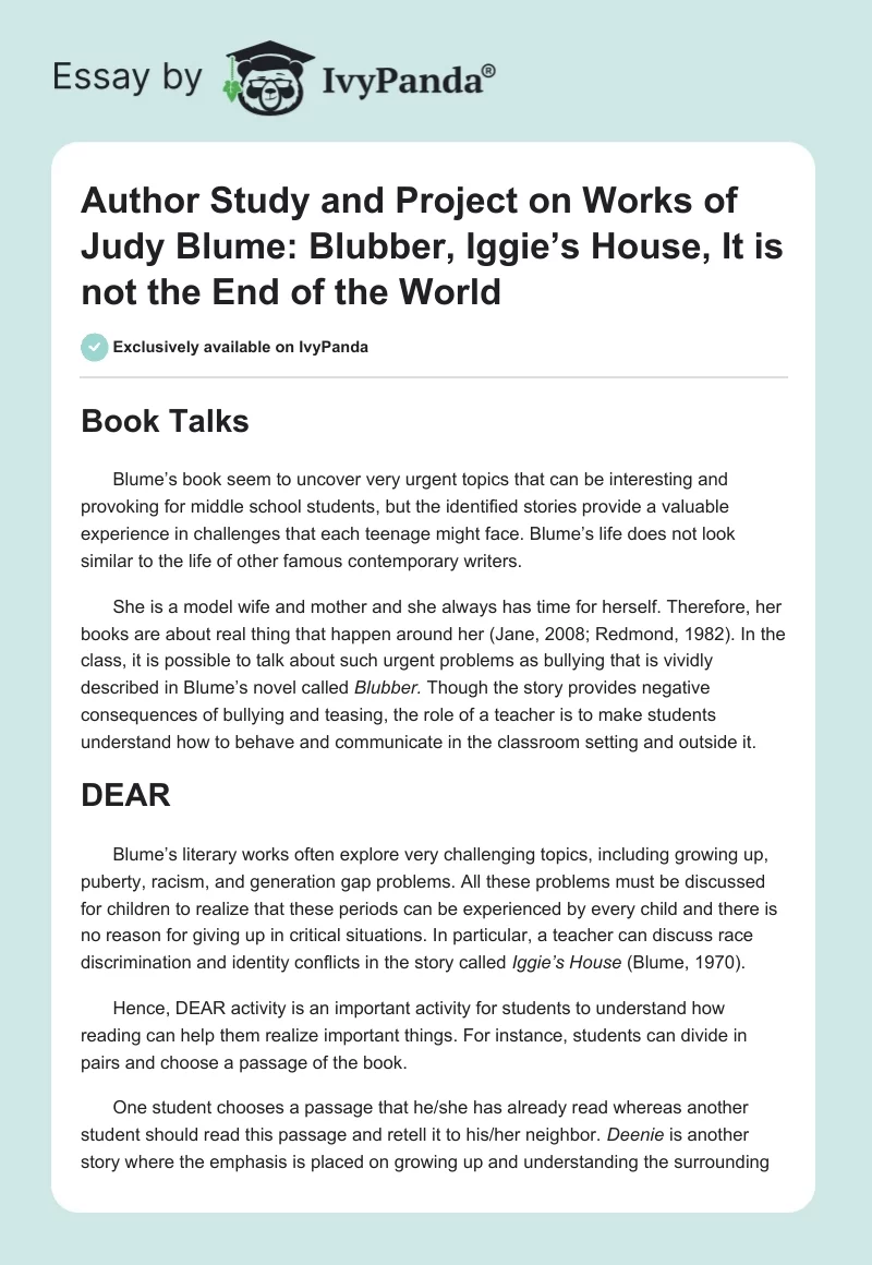 Author Study and Project on Works of Judy Blume: Blubber, Iggie’s House, It is not the End of the World. Page 1