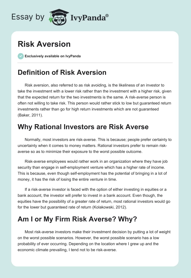 Risk Aversion. Page 1
