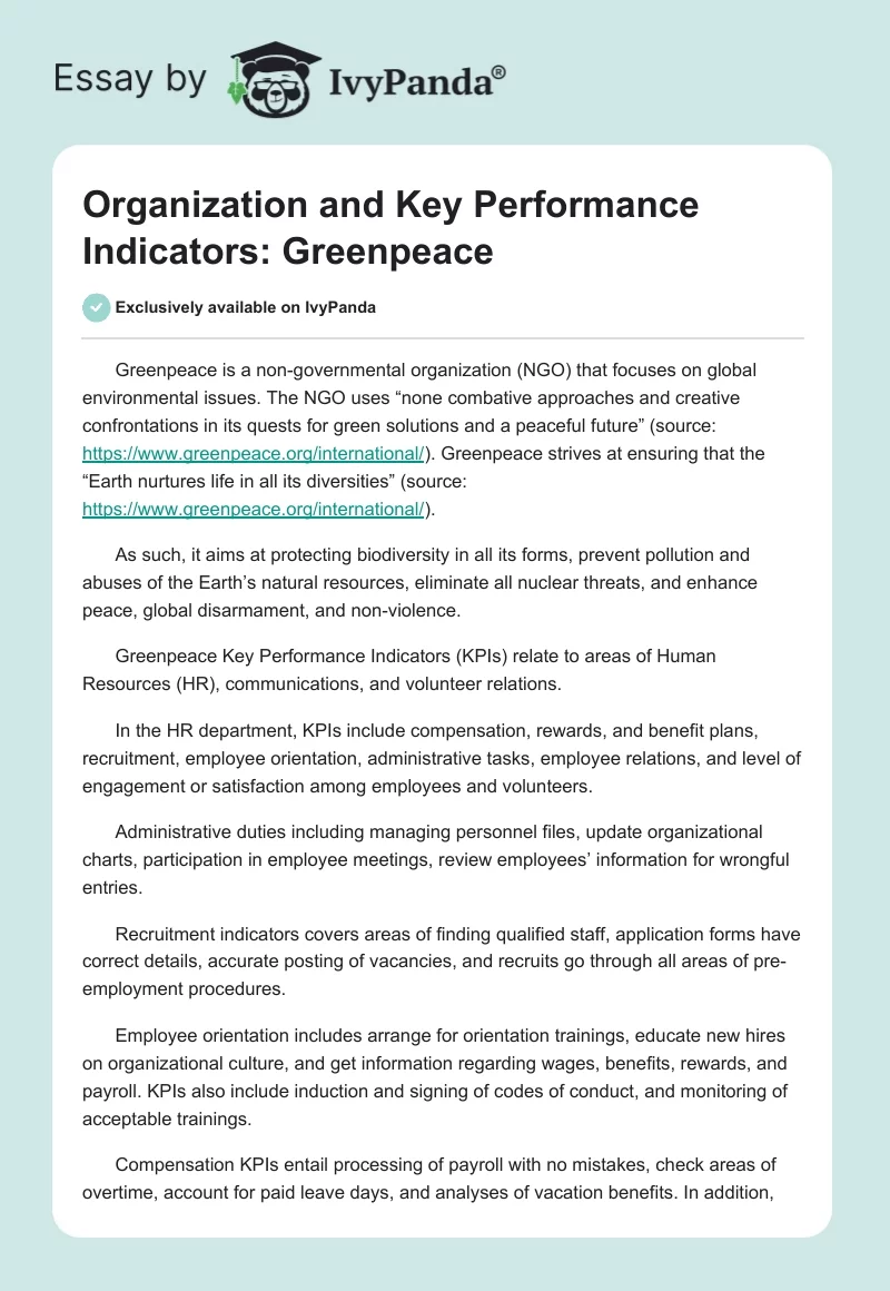 Organization and Key Performance Indicators: Greenpeace. Page 1