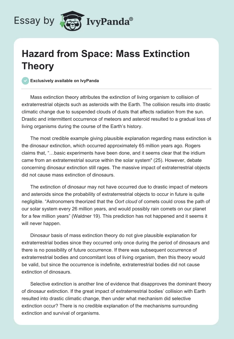 Hazard from Space: Mass Extinction Theory. Page 1