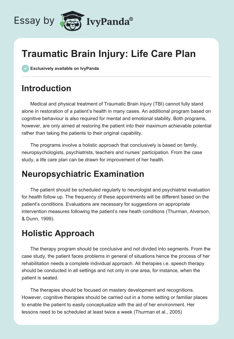 Traumatic Brain Injury: Life Care Plan. Page 1