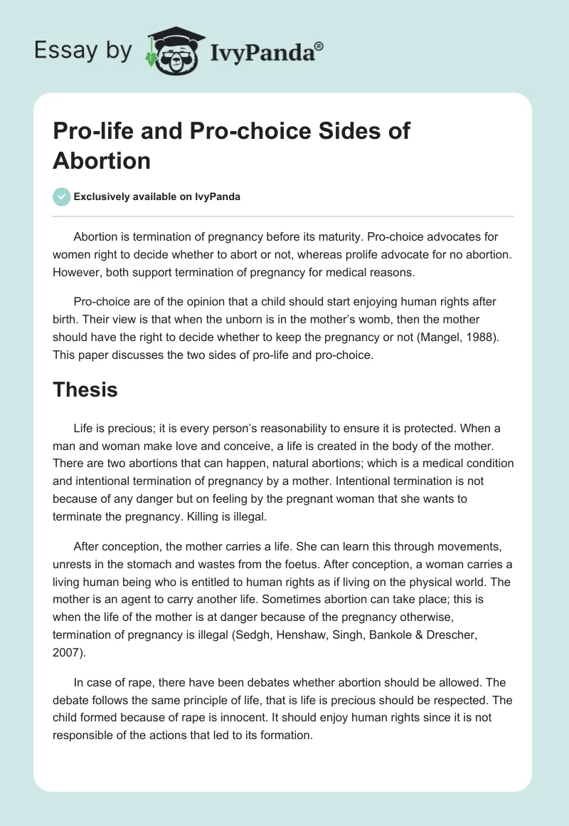 Pro-Life and Pro-Choice Sides of Abortion. Page 1