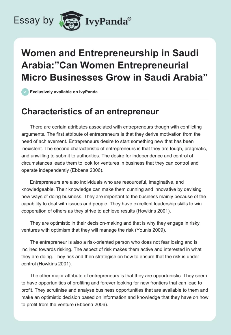 Women and Entrepreneurship in Saudi Arabia:”Can Women Entrepreneurial Micro Businesses Grow in Saudi Arabia”. Page 1