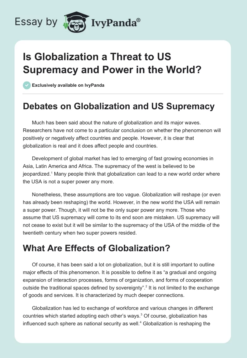 Is Globalization a Threat to US Supremacy and Power in the World?. Page 1