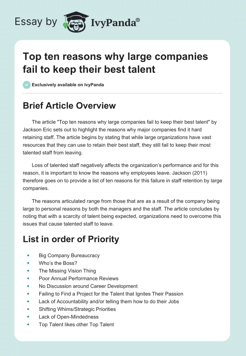 Top ten reasons why large companies fail to keep their best talent. Page 1
