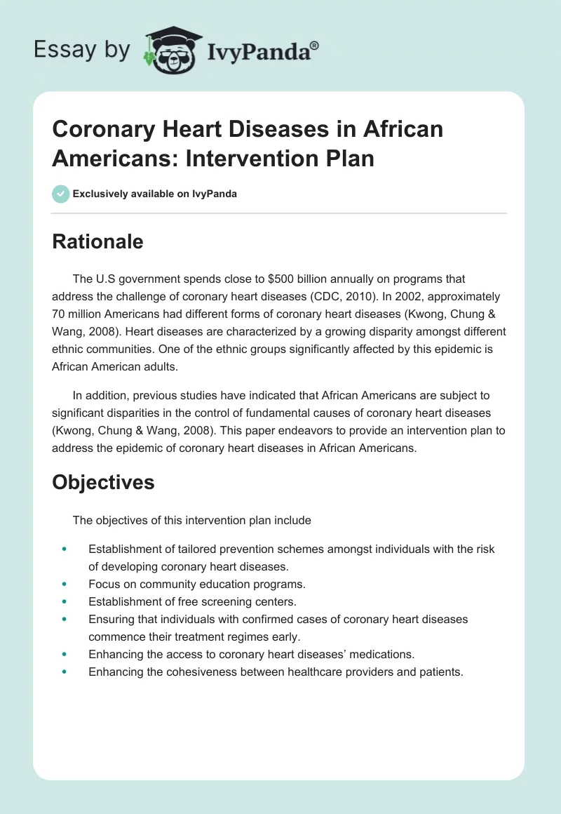 Coronary Heart Diseases in African Americans: Intervention Plan. Page 1